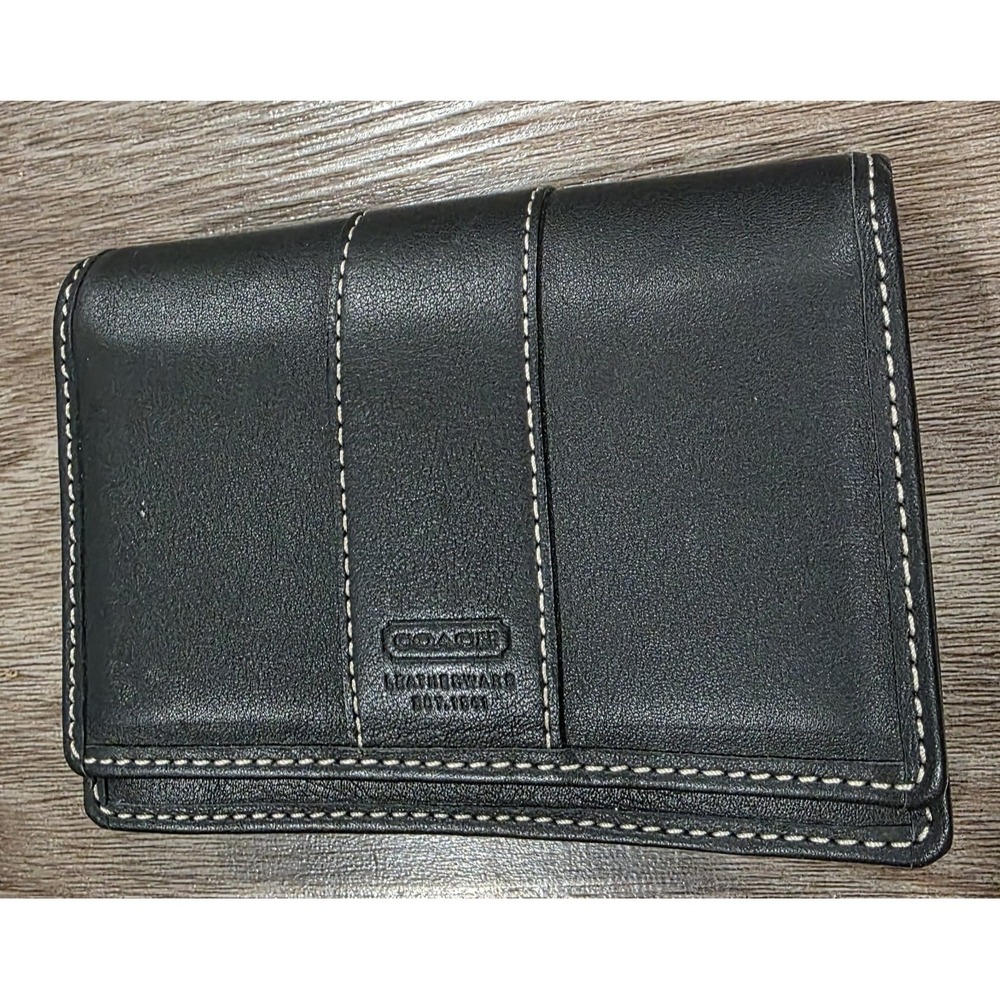 Coach Wallet Black Leather Bifold Contrast Stitching